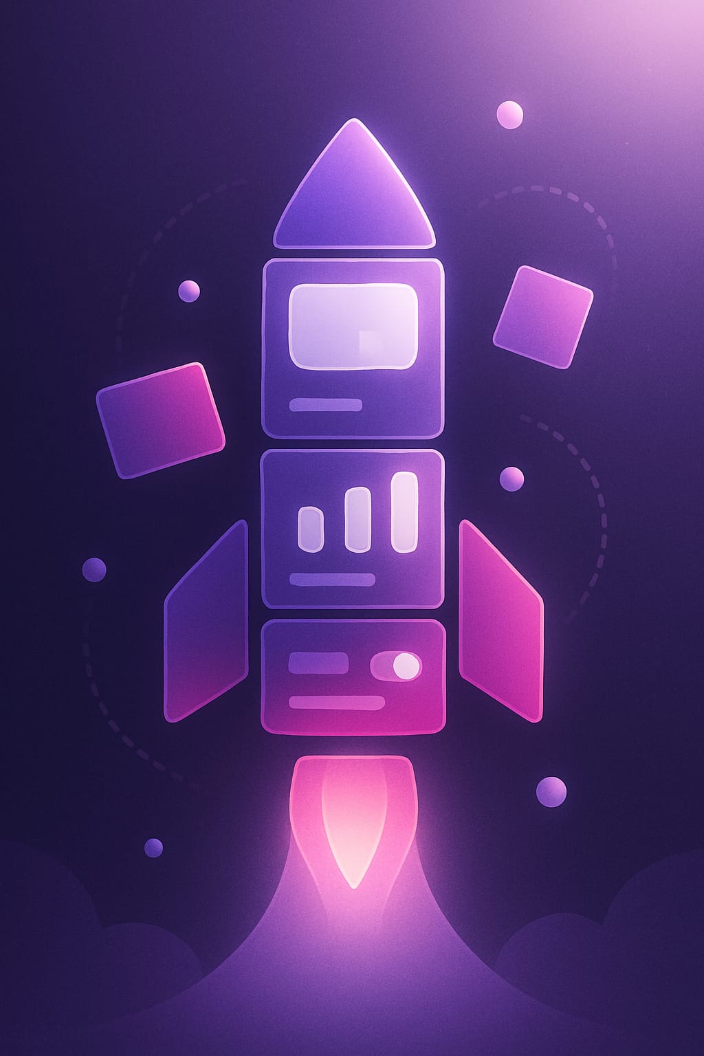 Abstract illustration of a rocket assembled from glowing UI card fragments launching upward through a deep purple cosmic sky, with branching orbit paths surrounding it.